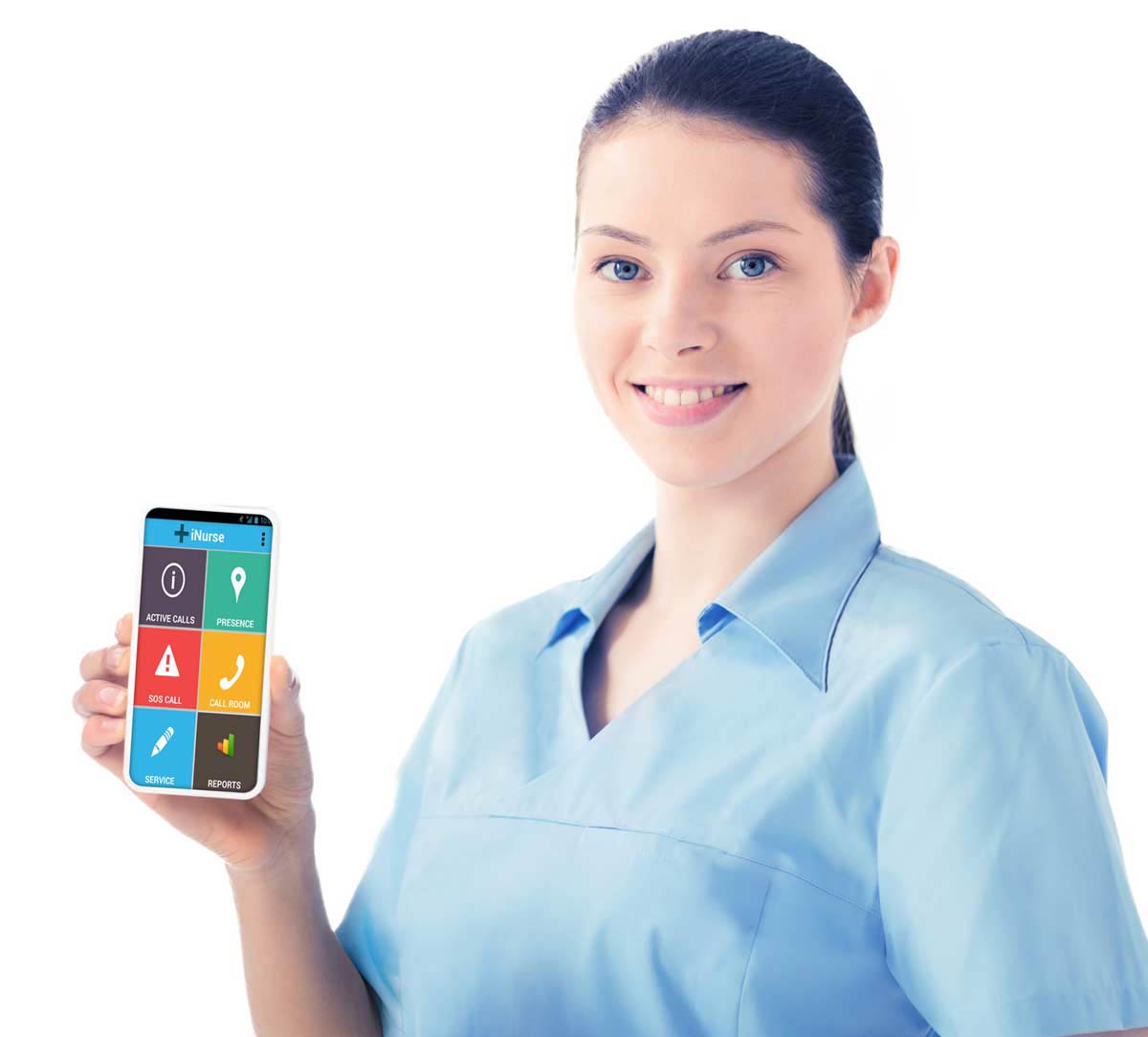 Medicinska sestra, ki v roki drzi pametni telefon z aplikacijo iNurse
