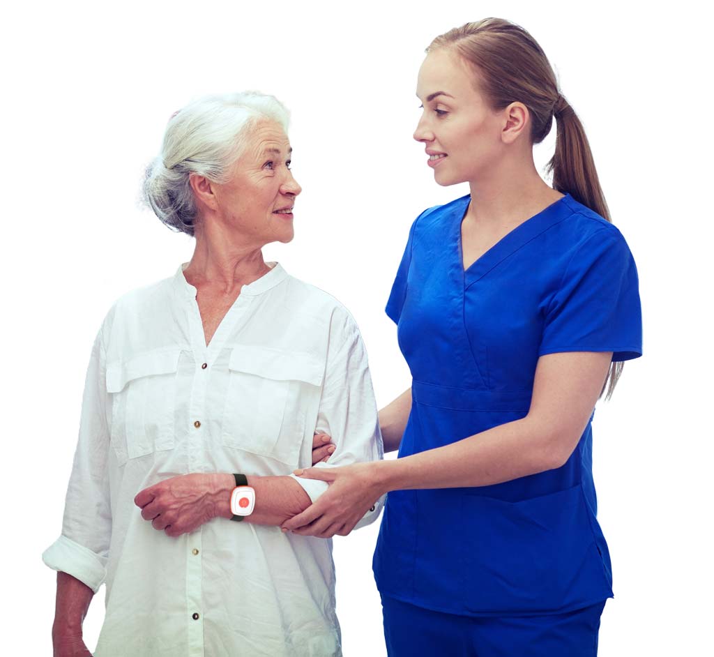 nurse helping elderly with dementia, wearing a smart wristband