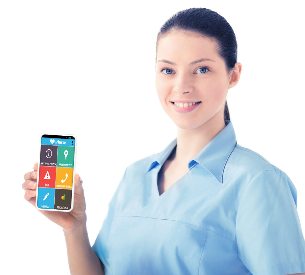 Medicinska sestra drži pametni telefon s aplikacijom iNurse